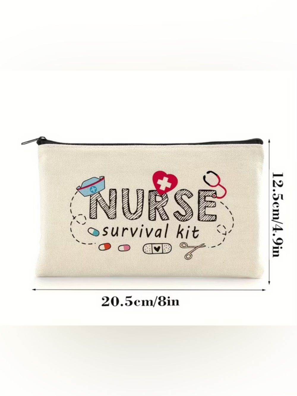 Nurse Survival Kit Canvas Zipper Pouch - Cream with Pink & Blue Accents